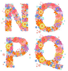 cheerful floral font alphabet with perching butterflies and flyi