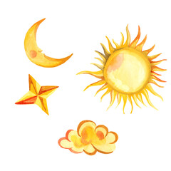 Symbols sun, moon and star isolated on white background. Characters sun, moon, star.