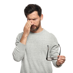 Man suffering from eyestrain on white background