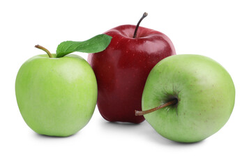 Fresh ripe green and red apples on white background