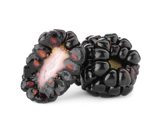 Whole and cut blackberries on white background