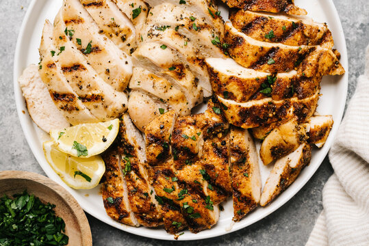 Overhead Of Two Types Of Sliced Grilled Chicken Breast