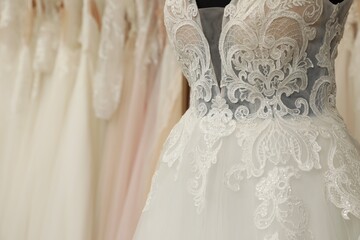 Beautiful wedding dress on mannequin in boutique, closeup