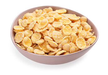 Bowl of tasty corn flakes isolated on white