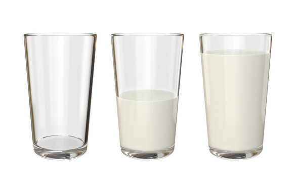 Set of glass glasses empty, half and full of milk, 3d render