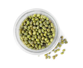 Glass jar with green mung beans isolated on white, top view. Organic grains