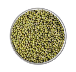 Bowl with green mung beans isolated on white, top view. Organic grains