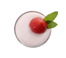 Glass of tasty yogurt with strawberry isolated on white, top view