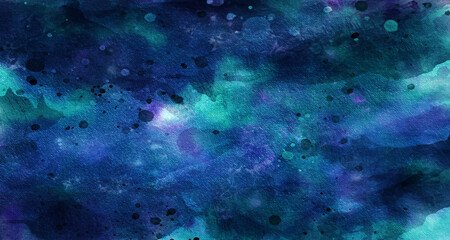 Cosmic neon light blue watercolor background. Paper textured aquarelle deep black canvas for modern creative design. Watercolor background Space, nebula, night Star sky posters, banners, web design