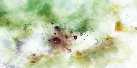 background of warm watercolor abstract painting. Watercolor abstract pink, green and mint grunge background with black spots. Green and blue texture with watercolor stains and powder spray. 