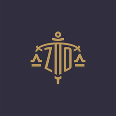Monogram ZO logo for legal firm with geometric scale and sword style - obrazy, fototapety, plakaty