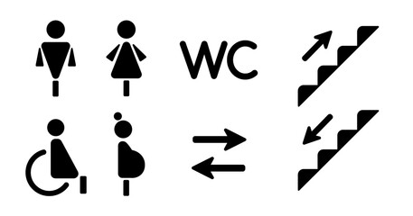 Vector illustration toilet icon set. Men, women symbol. Restroom for male, female, for people with disabilities. Woman, man, pregnant woman, wc, stairs, up, down icon set