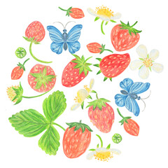 Strawberry circle for a bright summer print on a t-shirt, poster. Hand drawn pencil drawing of juicy berries