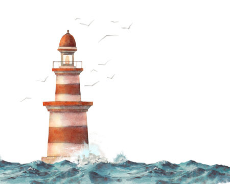 Watercolor lighthouse and sea waves illustration. Isolated lighthouse, seagull on white background. Hand drawn artwork.