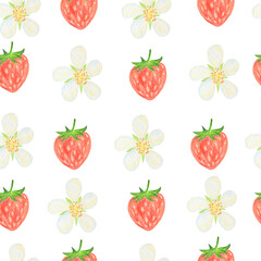 strawberry pattern of berries and flowers drawn in pencil. Simple and stylish pattern for a mesh summer dress