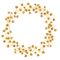 Delicate wreath made of flax boxes. Golden linen in watercolor gathered in a circle for the design of invitations, thank you cards.