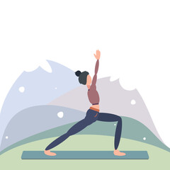 A woman practices yoga in warrior pose or Virabhadrasana, outdoors in the mountains. Can be used for poster, banner, flyer, website.