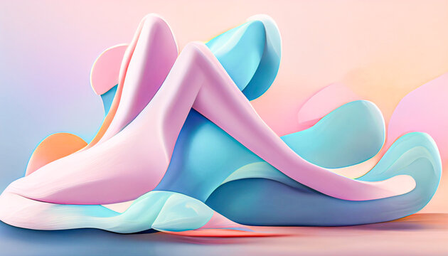 Abstract 3D Render ballerina curvy extrusions in vivid pastel colors.