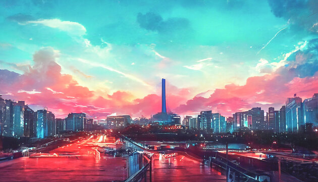 Beautiful Sky over the city of the future. Cityscape wallpapers HD.