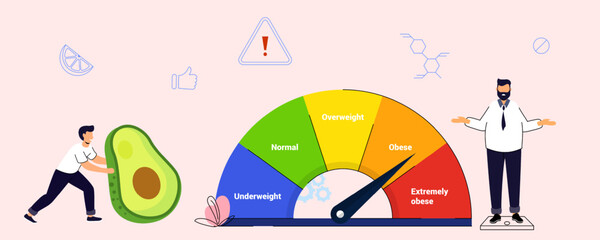 Body Mass Index BMI 5 Ranges Obesity, underweight and extremely obese scales Body weight Heart rate Measurement and height Control body weight BMI Medical chart flat vector illustration concept