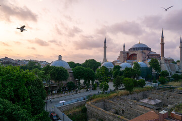 Hagia Sophia in Istanbul, seen from a terrace at sunset.