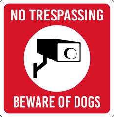 No Trespassing Beware Of Dogs sign. Property Protected By Video Surveillance - obrazy, fototapety, plakaty