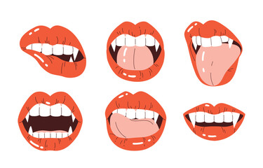 Set of vampire's lips with fangs. A woman's mouth with bright red lips and long, sharp teeth. Vampire aesthetic collection. Vector illustration in cartoon style. Isolated white background