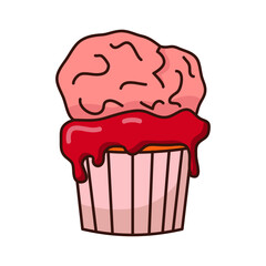 Brain Cupcake. Halloween candy. Cartoon brain on a muffin.