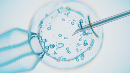 Artificial insemination of a cell or injection. Live cell and syringe needle.