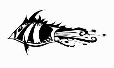 A fish drawn by a line with a spot. The colors of the drawing are white and black. Decorative graphic drawing.