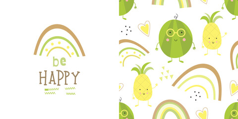 Print Card and Seamless Pattern for kids fabric textile – Watermelon and Pineapple. Fruits collection. Vector illustration