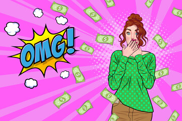 surprise business woman successful and shocking with Falling Money say WOW OMG Pop art retro comic style