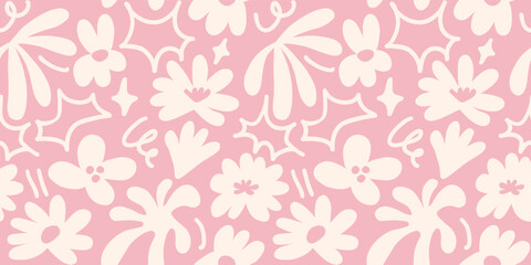 Abstract seamless pattern with cute hand drawn meadow flowers. Stylish natural background. Hand drawn design elements.