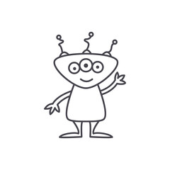 Doodle alien. Cartoon UFO. Funny fiction character. Hand drawn celestial outline icon