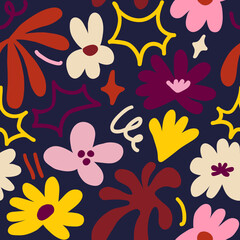 Abstract seamless pattern with cute hand drawn meadow flowers. Stylish natural background. Hand drawn design elements.