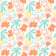 Naklejka na ściany i meble Abstract seamless pattern with cute hand drawn meadow flowers. Stylish natural background. Hand drawn design elements.
