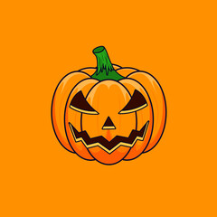 Halloween Cartoon Outline Pumpkin isolated on orange background. The main symbol of the Happy Halloween holiday. Orange spooky pumpkin with scary smile holiday Halloween.
