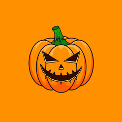 Halloween Cartoon Outline Pumpkin isolated on orange background. The main symbol of the Happy Halloween holiday. Orange spooky pumpkin with scary smile holiday Halloween.