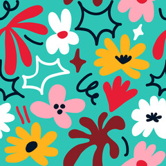 Fototapeta na wymiar Abstract seamless pattern with cute hand drawn meadow flowers. Stylish natural background. Hand drawn design elements.