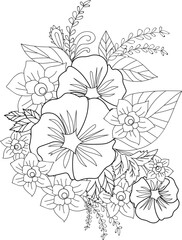 Doodle flowers bouquet and branch vector illustration. hand, Drawing vector sketch floral zentangle design for the coloring book or page Black and white engraved ink art, isolated for adult