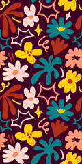 Abstract seamless pattern with cute hand drawn meadow flowers. Stylish natural background. Hand drawn design elements.