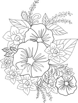 Doodle flowers bouquet and branch vector illustration. hand, Drawing vector sketch floral zentangle design for the coloring book or page Black and white engraved ink art, isolated for adult