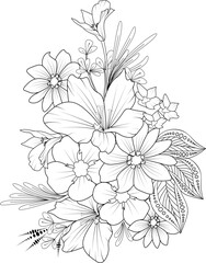 Doodle flowers bouquet and branch vector illustration. hand, Drawing vector sketch floral zentangle design for the coloring book or page Black and white engraved ink art, isolated for adult