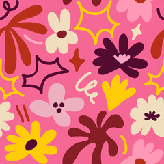 Abstract seamless pattern with cute hand drawn meadow flowers. Stylish natural background. Hand drawn design elements.