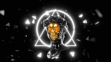 Golden Skull With Neon Light Background 