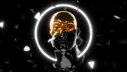 Golden Skull With Neon Light Background 