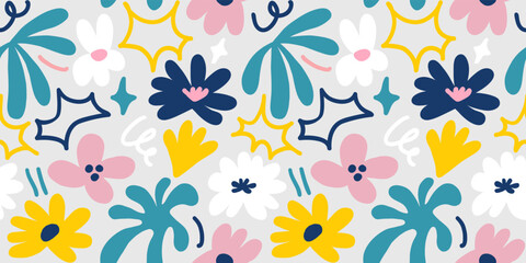 Fototapeta na wymiar Abstract seamless pattern with cute hand drawn meadow flowers. Stylish natural background. Hand drawn design elements.