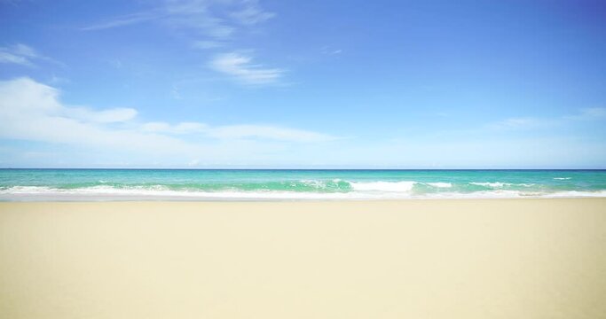 Beach white sand sea ocean summer sunny. Panorama Wave turquoise sea sunshine breaking shore . Wide shot