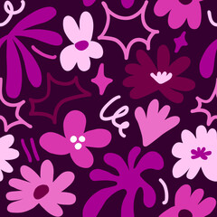 Abstract seamless pattern with cute hand drawn meadow flowers. Stylish natural background. Hand drawn design elements.