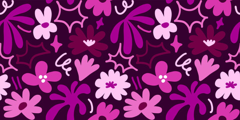 Abstract seamless pattern with cute hand drawn meadow flowers. Stylish natural background. Hand drawn design elements.